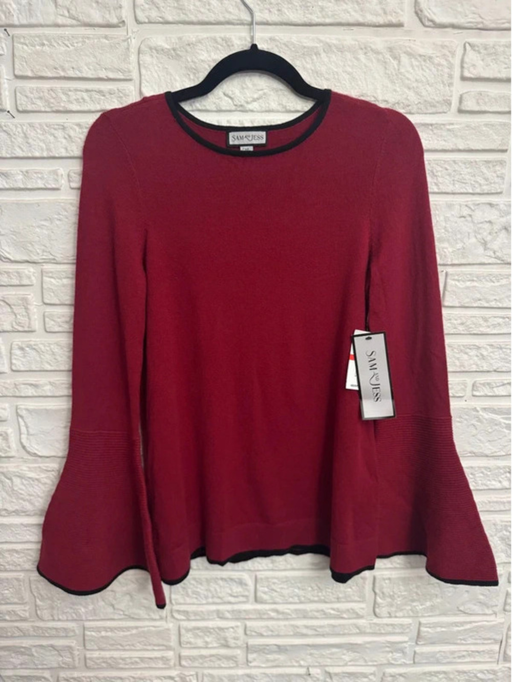 Sam and Jess Red Bell Sleeve Sweater Contrast Black Trim Knit Top Size XS NWT